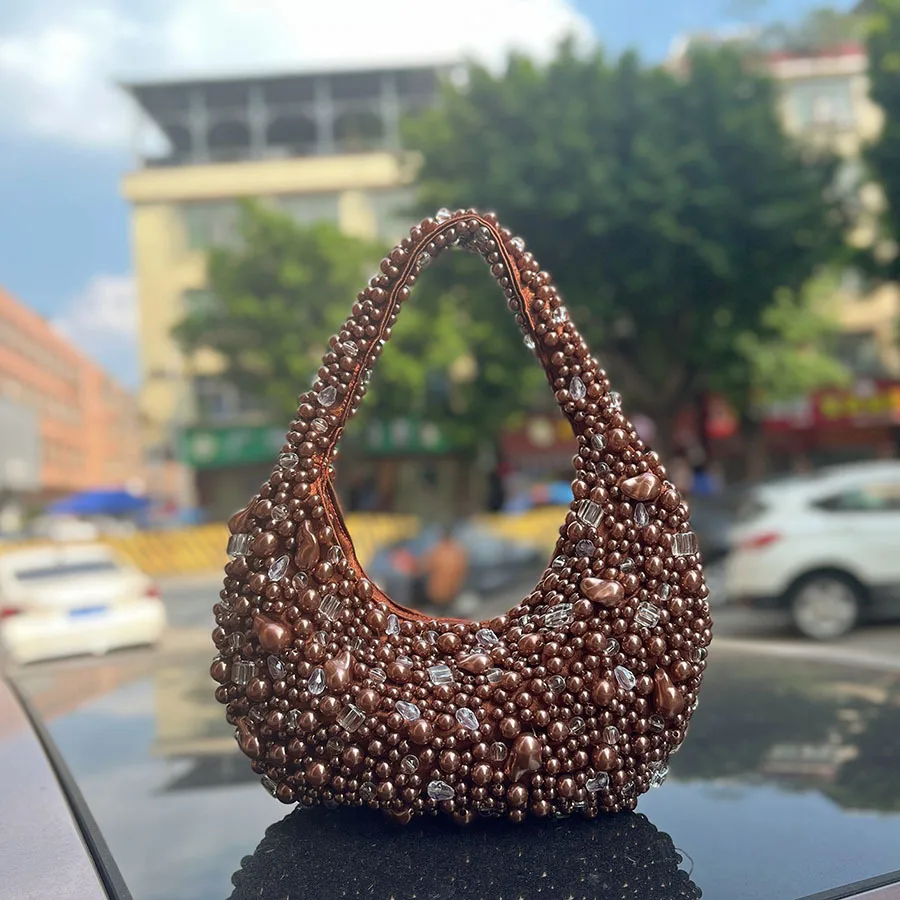 Ladies Casual Pearl Handbag Large Capacity Simple Pearl Underarm Bag Solid Color Crystal Beaded Armpit Bag Date Party Bag