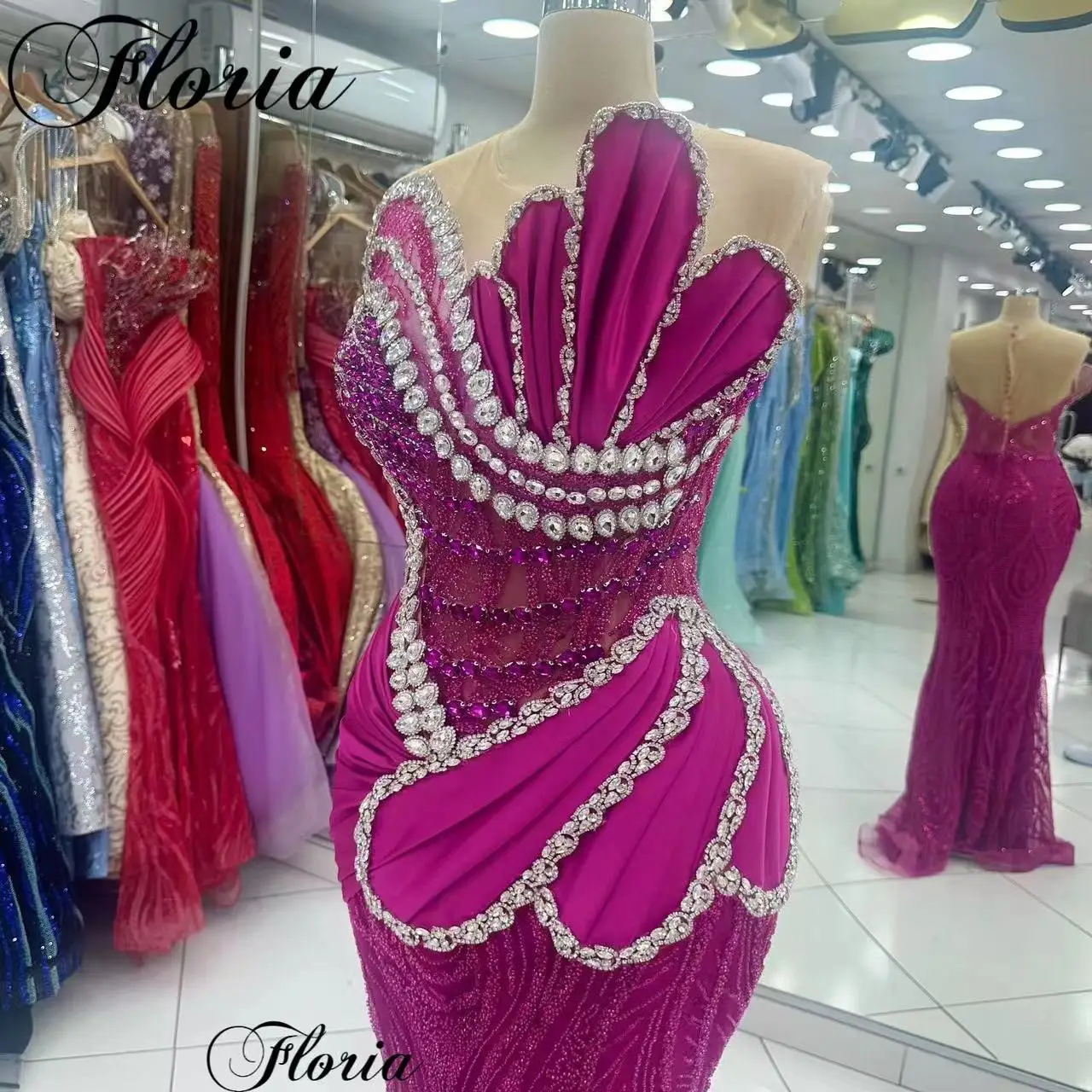 Fuchsia Cocktail Dresses Mermaid Crystals Evening Gowns Grand Party Dresses Custom