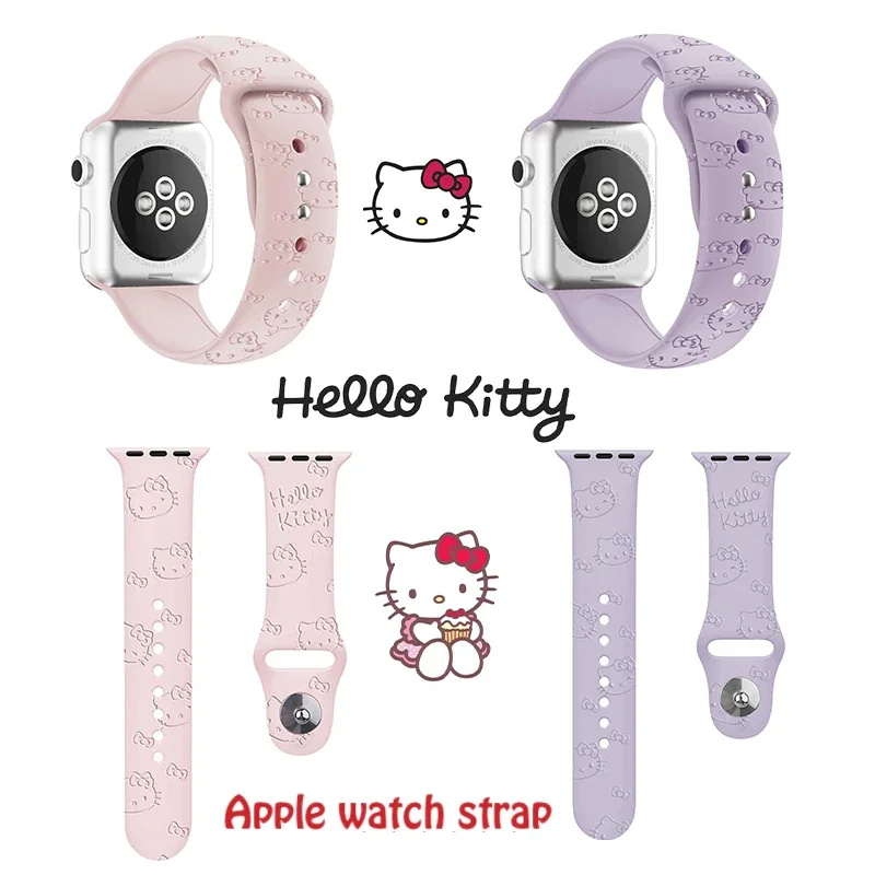 Hello Kitty Apple Watch Strap Band 44mm 40mm 42mm 45mm 41mm 38mm for Iwatch Bracelet Series 7 6 Se 5 4 3 2 1 Cute Watchband apple watch strap