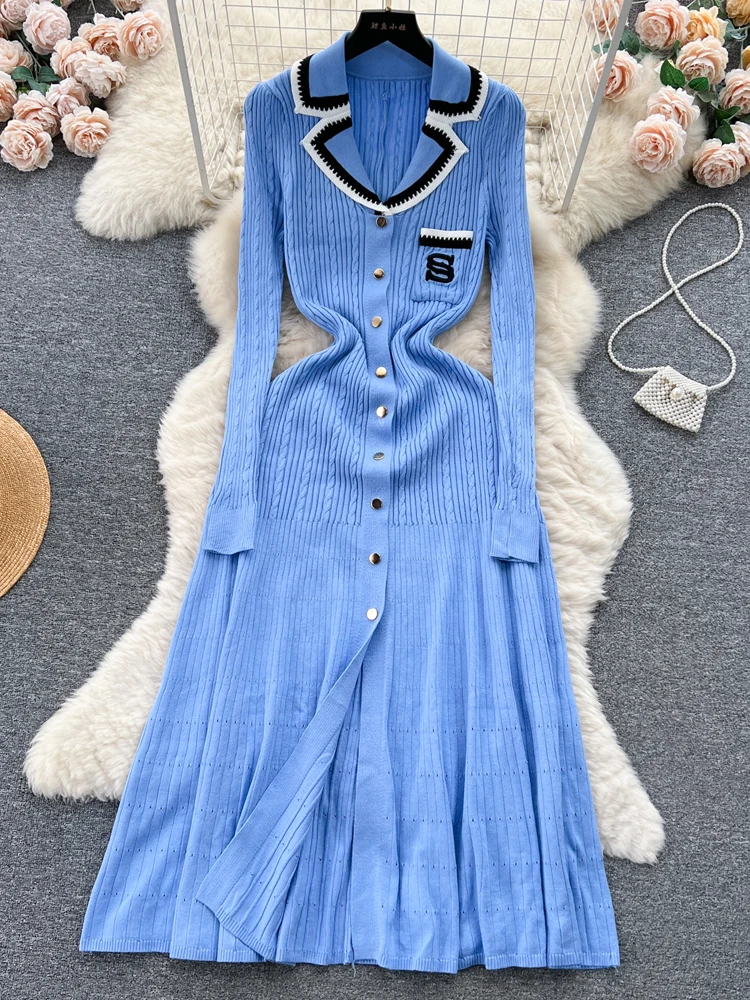 

YuooMuoo Blue Knit Fashion Maxi Dress for Women Long Sleeve Turn-down Collar Elegant Party Dress Lapel Knitwear Women Dresses