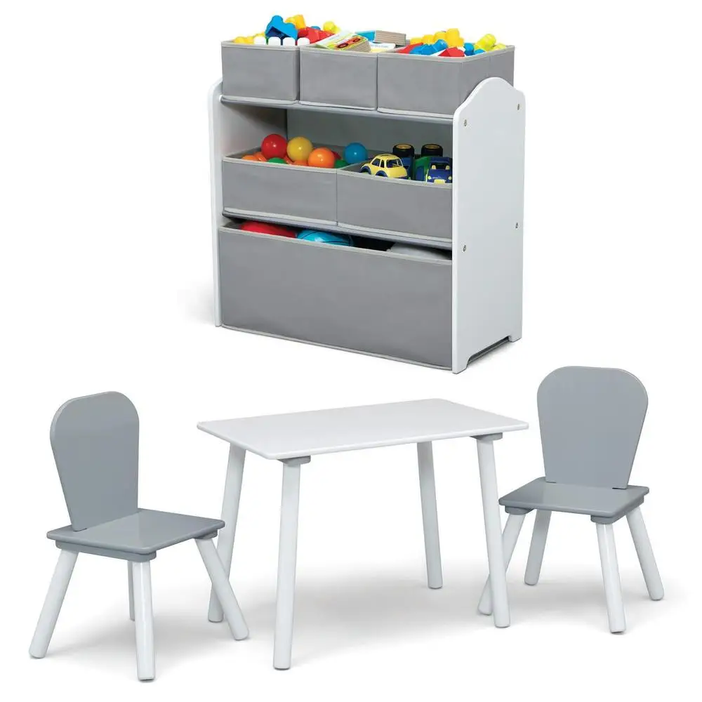 4-Piece Kids Playroom Set Wooden Table 2 Chairs Toy Organizer with Cling Stickers Storage Solution Toddlers Ages 3 2