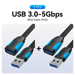 High-Speed USB Extension Cable - Male to Female Data Cord for Smart TV, PC, and SSD (Flat 5Gbps - 2pcs)