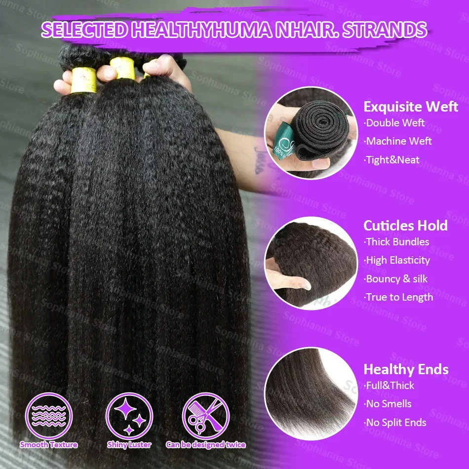 30 Inch Human Hair Indian 12A Kinky Straight 3 Bundles Raw Virgin Unprocessed Yaki Straight Double Weft Bulk Braiding Hair 3