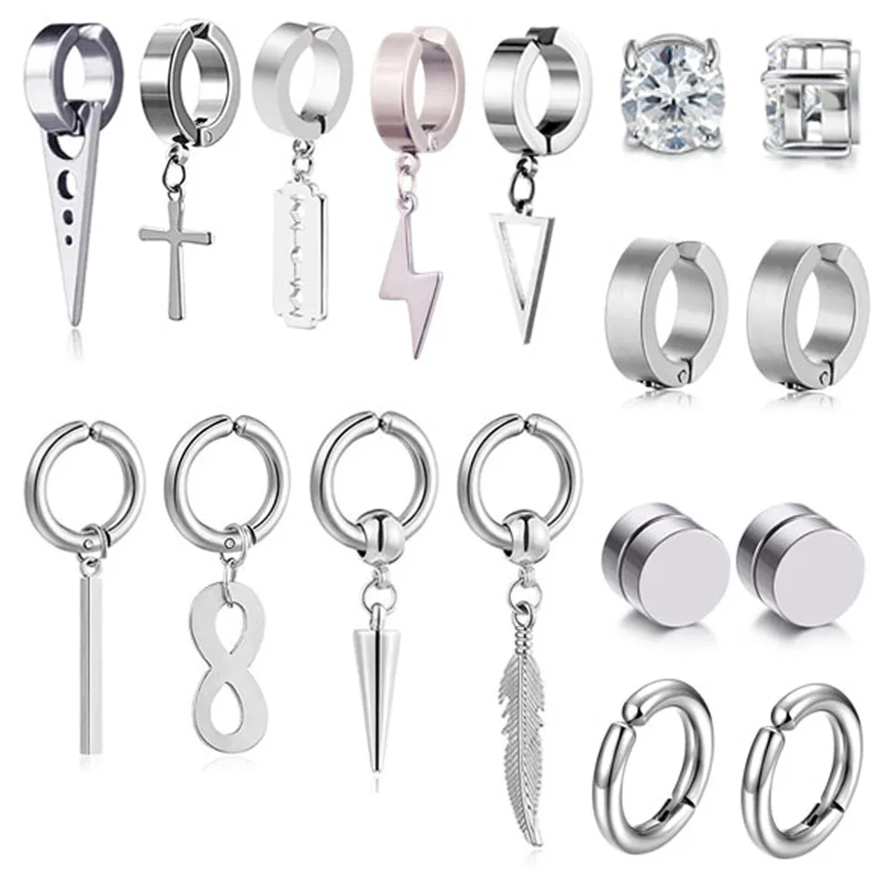 17Pcs Clip on Hoop Earrings for Men Women Stainless Steel Fake Non Piercing Magnetic Dangle Earring Clip on Huggie Hoop Earrings