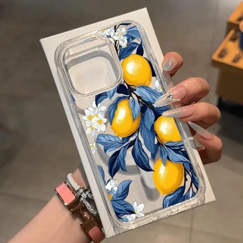 Summer Fruit Lemon Wireless Charger Phone Case with Floral Design