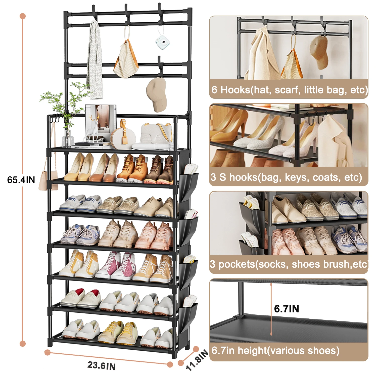 Shoe Rack 7Tier for Closet Entrance Shoe Shelf with Hooks Side Pocket Space Saving 3