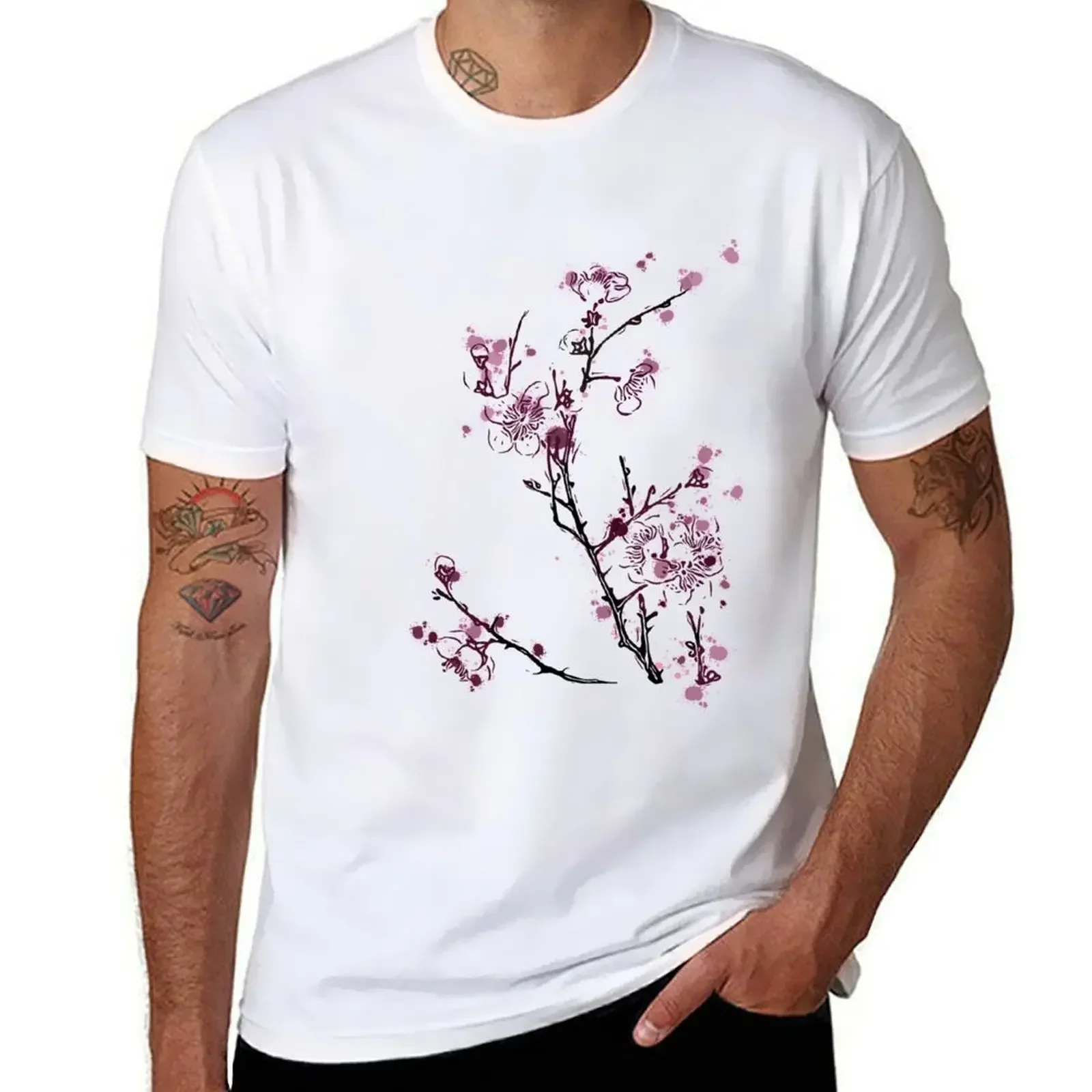 

Cherry Blossom Ink Splash Art T-shirt animal prinfor boys Blouse anime clothes mens t shirt graphic