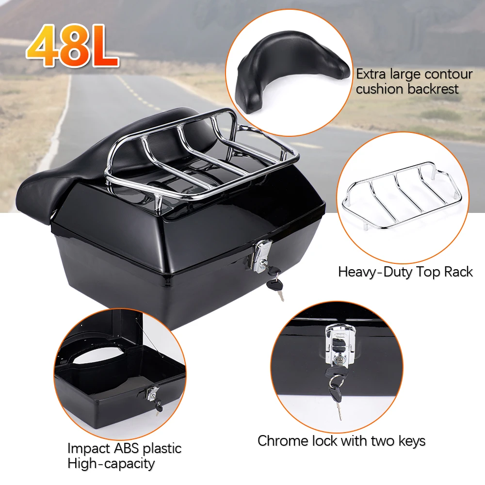 48L Motorcycle Trunk Rear Storage Box Tail Luggage Trunk Case Toolbox Backrest Pad Scooter Motorbike Universal
