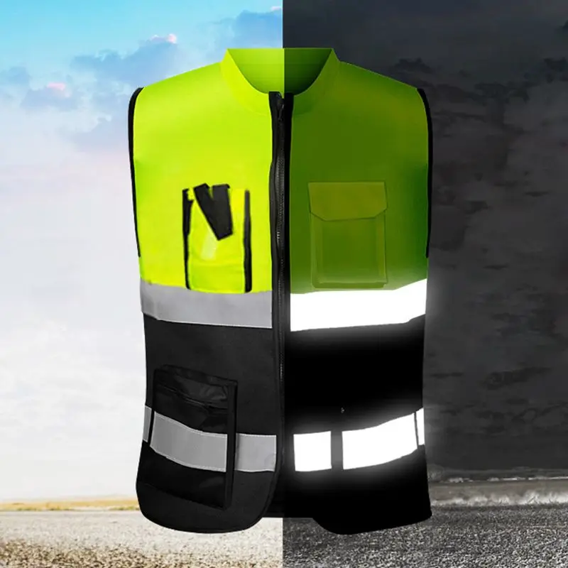 Reflective Vest Multi-pockets High Visibility Zipper Front Safety Vest with Reflective Strips K0AF