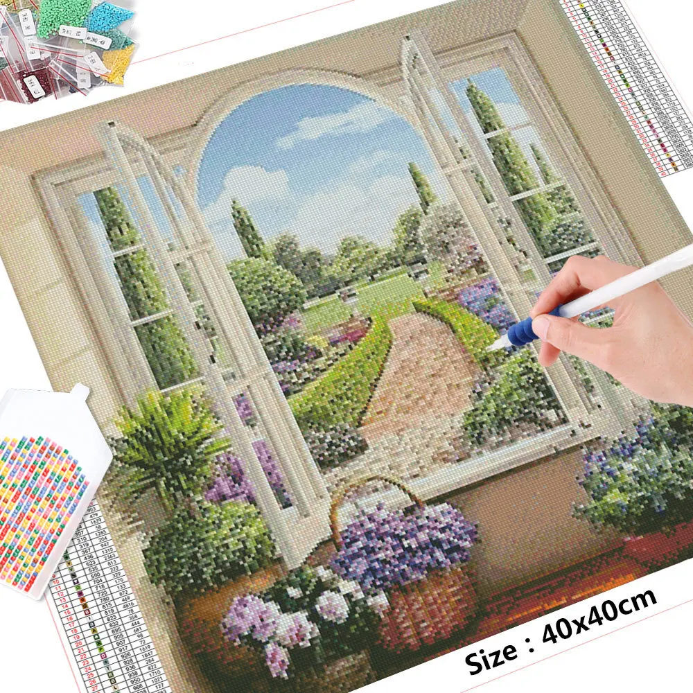 HUACAN 5D DIY Diamond Mosaic Landscape Window Full Drill Square Painting Flower Embroidery Kits Home Decoration