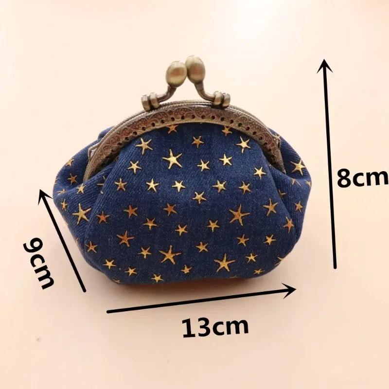 Women Card Bag Denim Fabric Coin Purse Five Pointed Star Buckle Small Wallet Simple Retro Versatile Hand-held Lipstick Key Bags