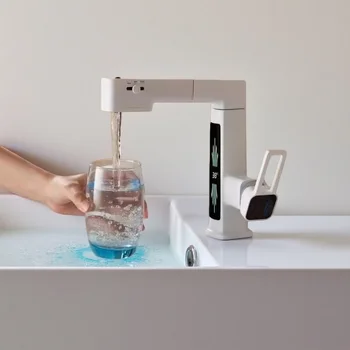 ก๊อกน้ำห้องน้ำสีขาวหรูหราแบบดิจิตอล พร้อมหัวฉีดแบบดึงออกได้ น้ำร้อนน้ำเย็น วัสดุทองแดงทั้งหมด รุ่น G1/2G3/8 1