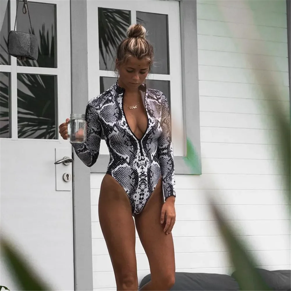 Leopard Print One Piece Swimsuit Snakeskin Print Sexy Swimsuit Long Sleeve Zip Cool Women Push Up Bathing Beachwear#BL3 Women Sport Swimsuits Women Swim Dresses