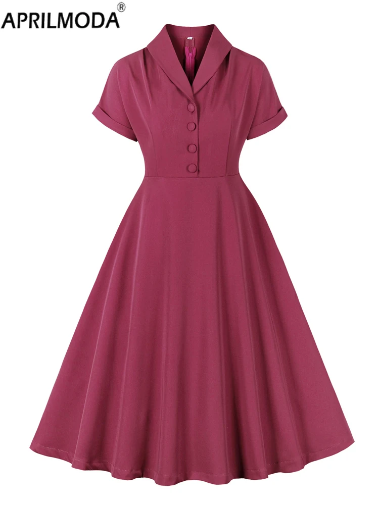 

Elegant Office Vintage Casual Swing Dress Solid Fuchsia Short Sleeve Button Women Turn-Down Collar High Waist Vintage Midi Dress