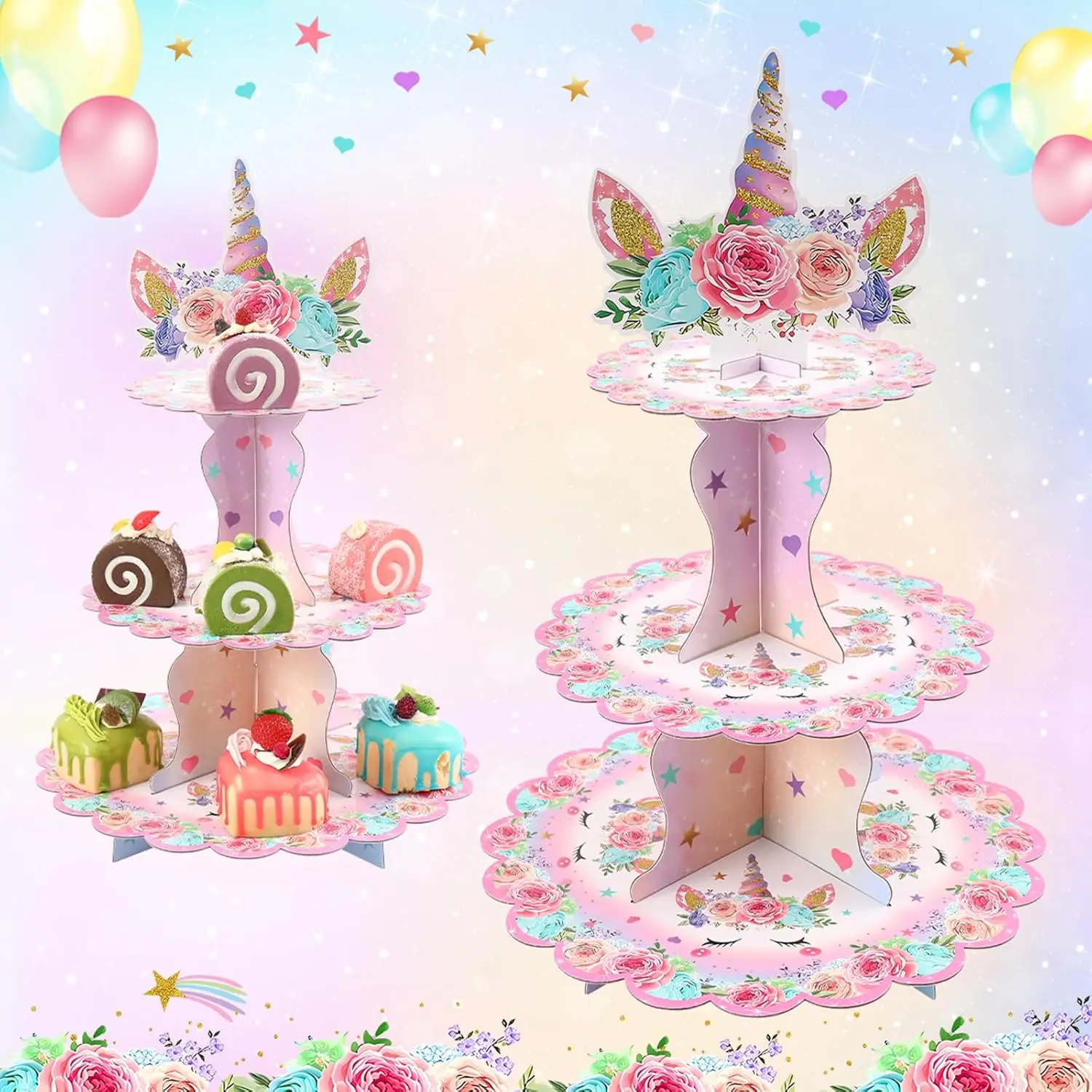 קישוטי יום ההולדת של יוניקורן - מעמד לקאפקייקים - 3 קומות ורודות פרחוניות של יוניקורן, מגשי קינוחים למסיבת תינוקות, חתונה ויומולדת