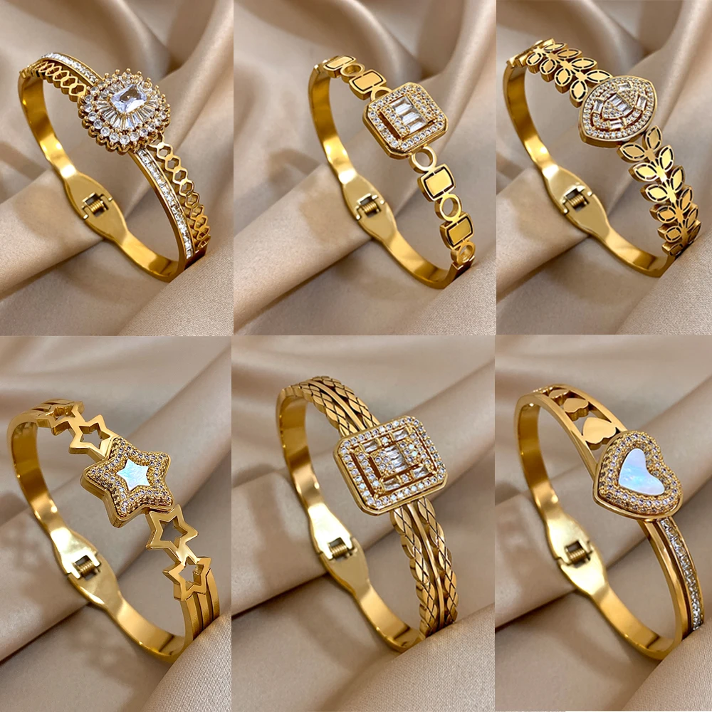 Stainless Steel Bangle Bracelet Inlay Luxury Rhinestones Gorgeous Synthetic Zirconia Geometric Oval Square Stars Shape for Women
