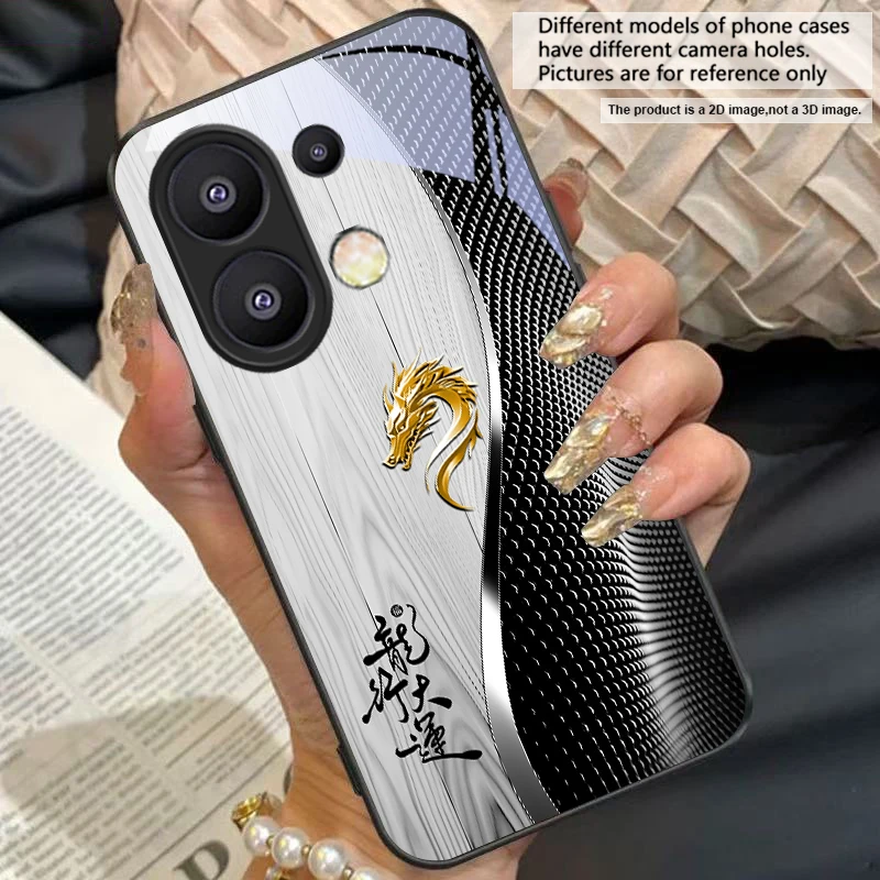 Elegant Black Tempered Glass Phone Case with Traditional Dragon Totem Design