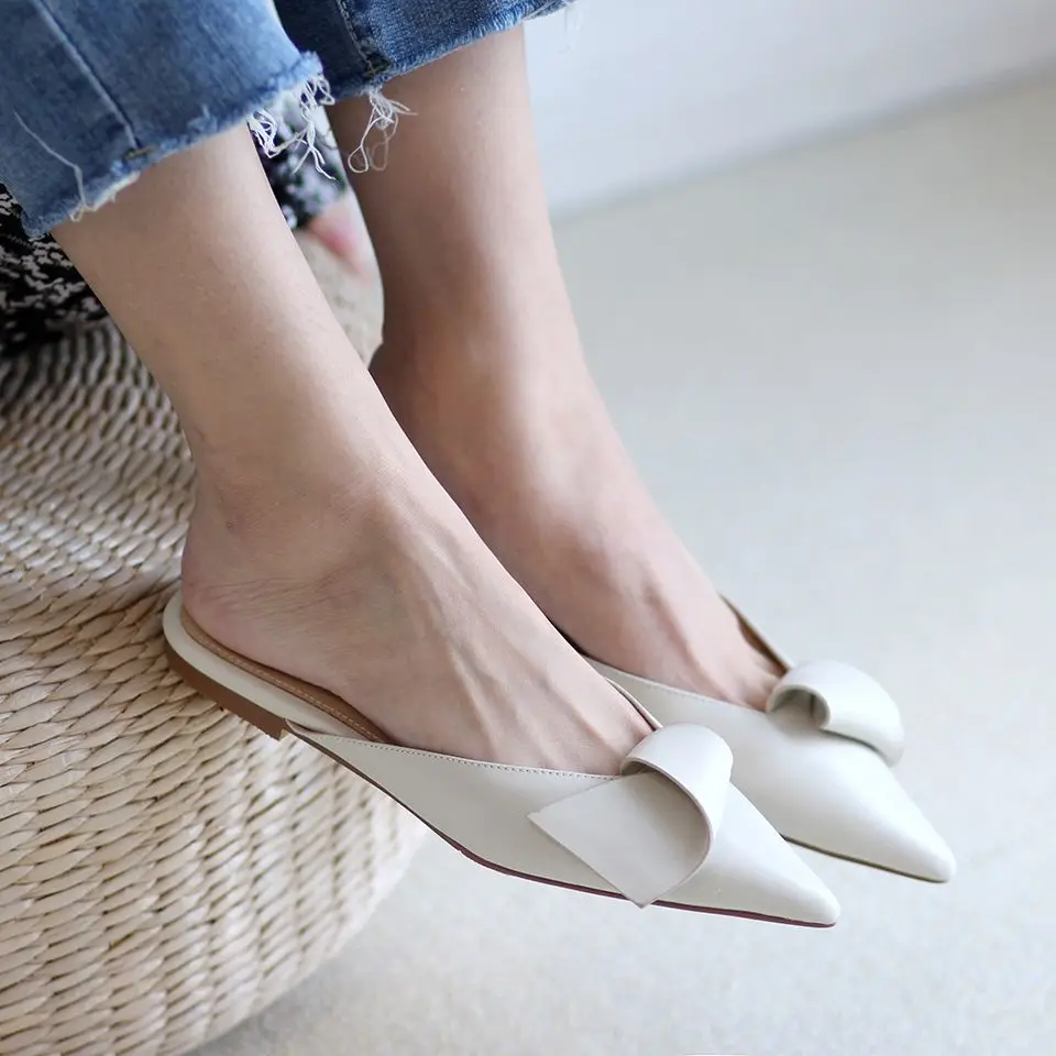 Flat Shoes Woman Slip On Cow Leather Mules Female Muller Shoes Pointed Toe  Slides Korea Style Handmade Ladies Flats Size 40 - AliExpress