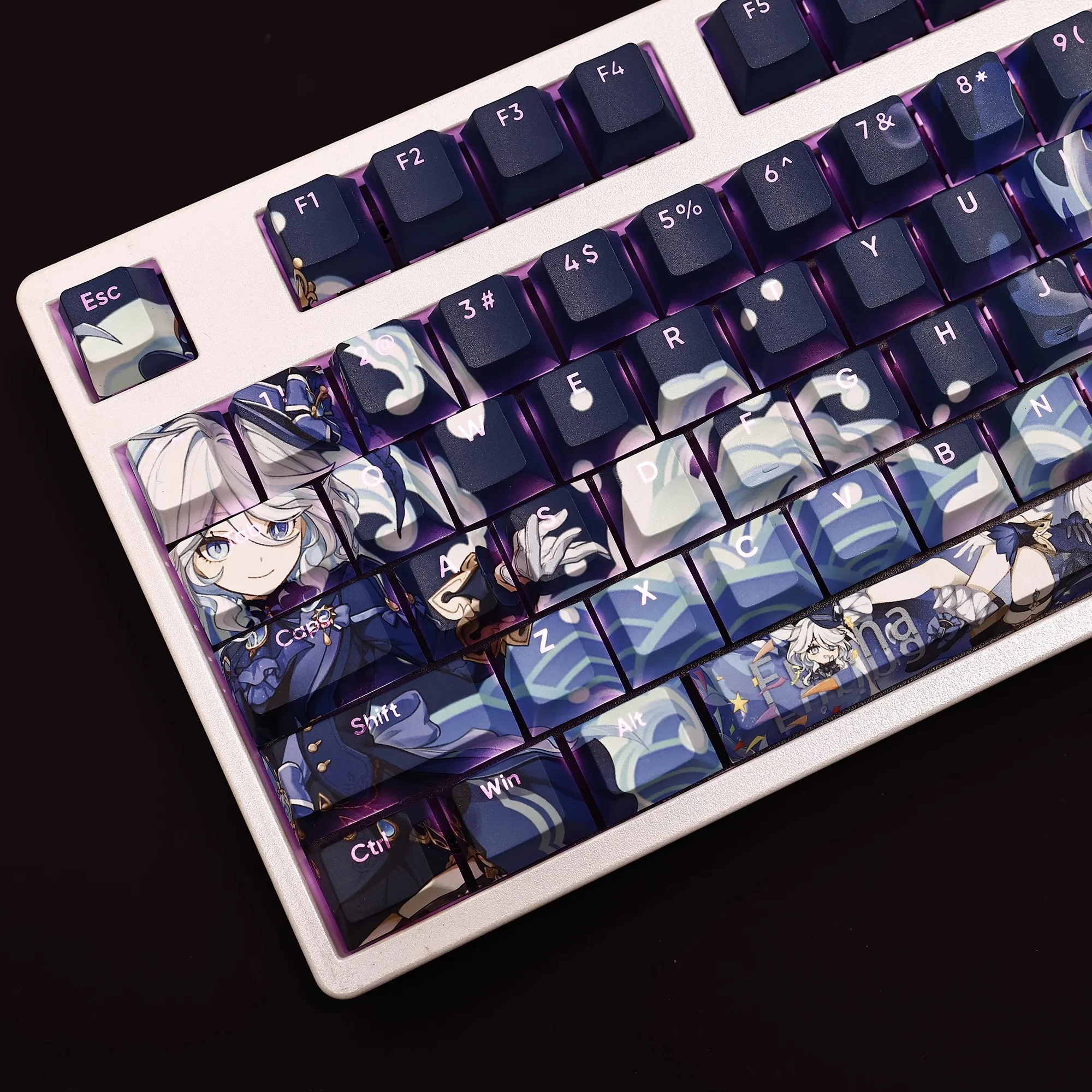 Genshin Impacto Furina Keycap 3rd Generation Pbt Dye Subbed Backlit Keycaps Anime Game Key Caps para Ansi 61 87 104 108 Chaves - Imagem 4