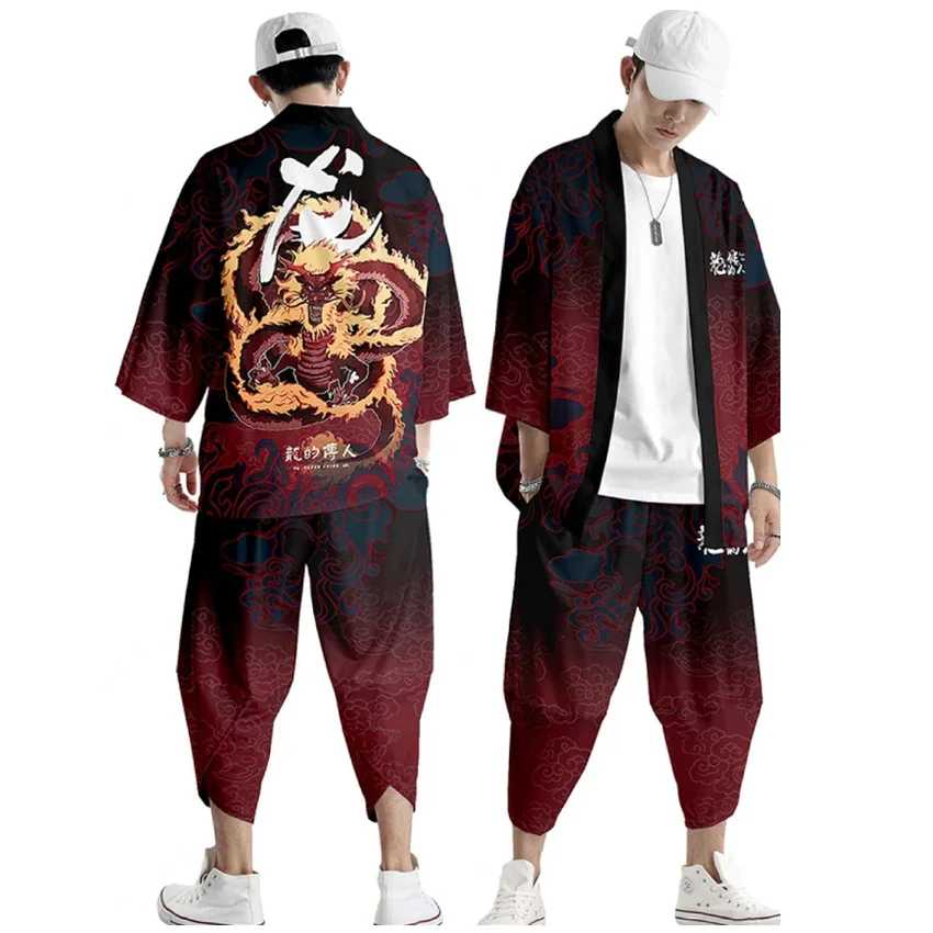 Two-piece Suit Oversize XXS-6XL Japanese Style Fashion Kimono And Pants Set Men Cardigan Blouse Haori Obi Asian Clothes