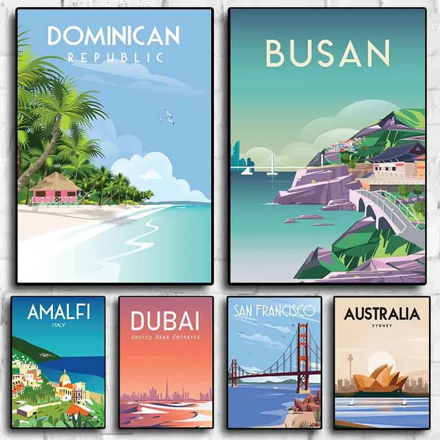 Cartoon Tourism City Street DUBAI BUSAN CURACAO DOMINICAN Landscape Canvas Poster Aesthetics Wall Art Room Decor Bedroom Picture