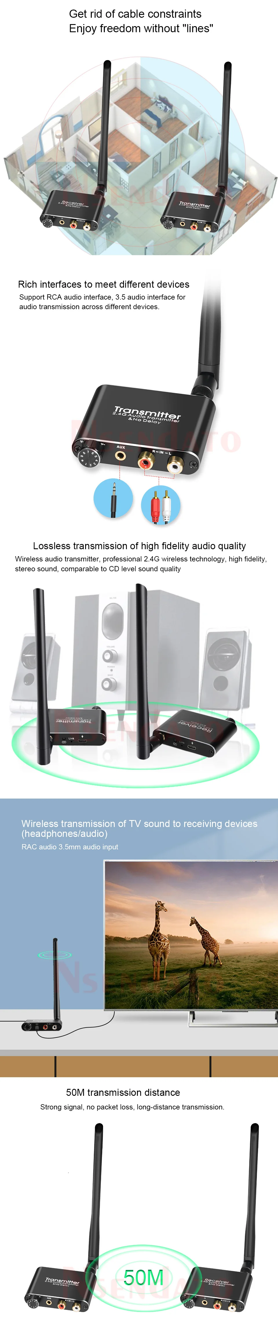 50m 2.4GHz Long Range Wifi Transmitter Receiver Wireless Audio Adapter with Volu