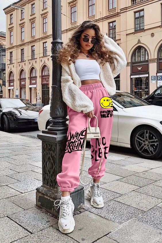 Hip-hop retro 90s women's casual pants color loose street high waist pocket pants plus size autumn and winter sports pants plus size capris