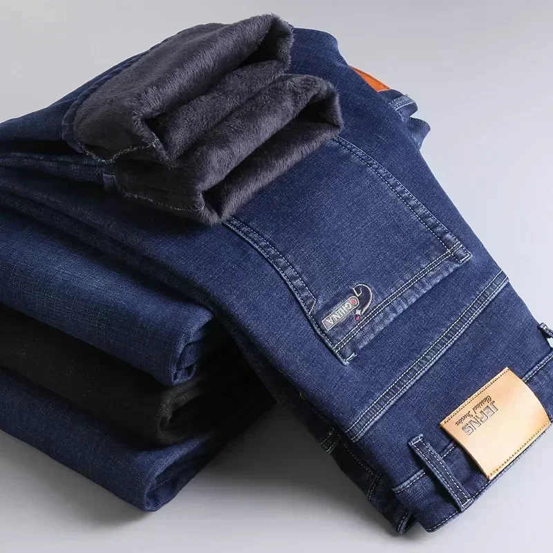 2023 Winter Men Black Blue Straight Stretch Denim Thick Velvet Pants Warm Jeans Casual Fleece Line Trousers Male Plus Size 6