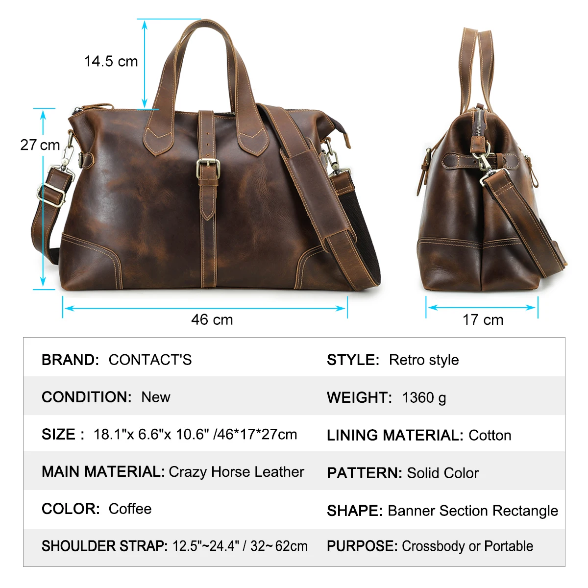 Contact\'s Men Crazy Horse Leather Travel Bag Multifunctional Business Casual Luggage Bag Large Capacity Vintage Tote Handbags