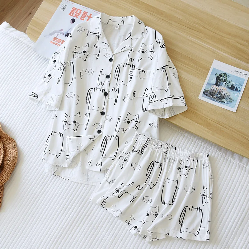

Women's Shorts Pajamas Suit for Summer White Color Printed Short-sleeved Shorts Set Cotton Cartoon Loose Home Wear Conjunto