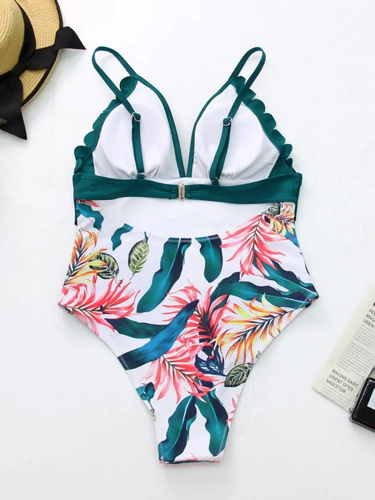 High Waist Swimwear Women One Piece Swimsuit Sexy V-Neck Push Up Halter Scallop Trim Bathing Suit Beachwear Brazilian Monokini - 5
