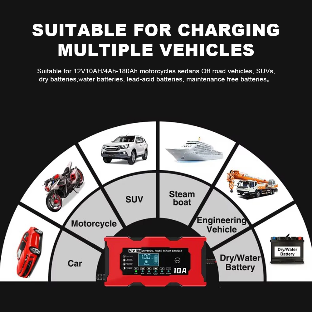 12V 15V10A Car Battery Charger Electric Motorcycle Charger Lifepo4 lead-acid AGM GEL PB intelligent Lithium Battery Repairer