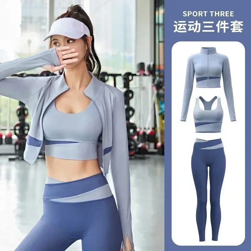 Women Yoga Patchwork 3 Piece Fitness Gym Set Jackets + Leggings Workout Running Sportswear Sports Outfit