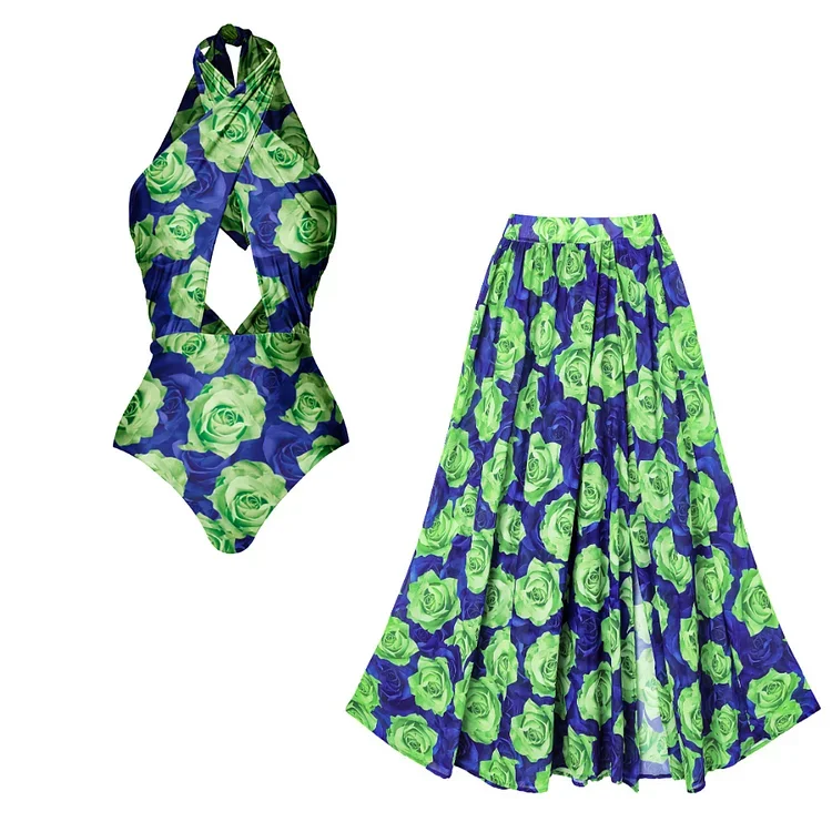 

2024 винтажный слитный купальник с вырезом на шее и принтом роз, женская пляжная одежда, роскошный купальный костюм