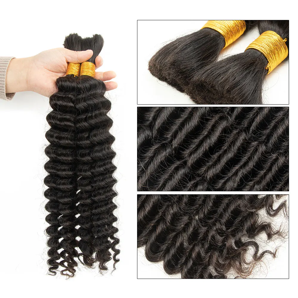 Bulk Human Hair No Weft For Braiding Deep Wave Hair Bundles 14"-26" Natural Black Color Virgin Human For Braids 50g