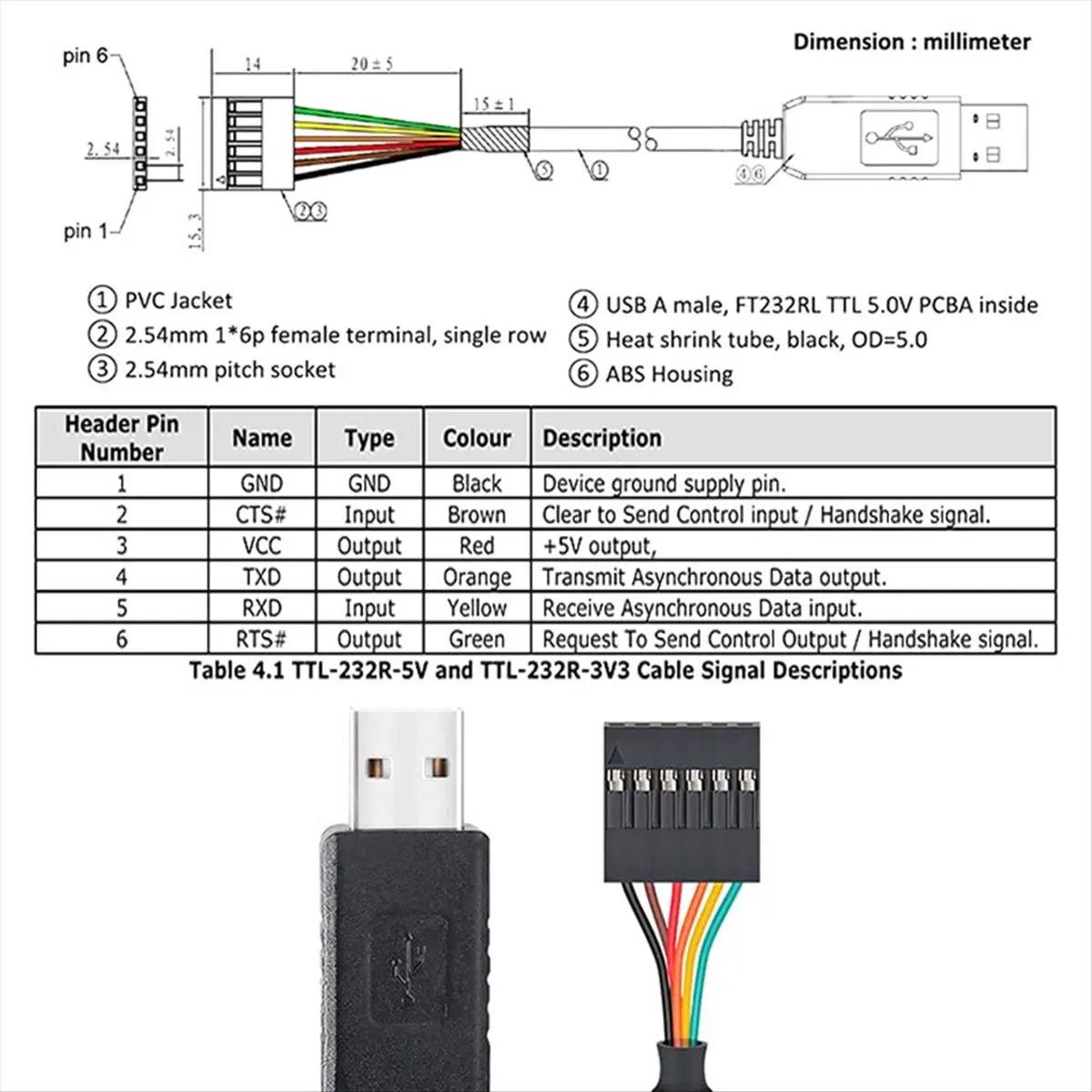 (PQWN) 6핀 TTL-232R-3V3 FTDI FT232 USB 2.0 - TTL 5V 3.3V 다운로드 디버그 케이블 어댑터 모듈 (아두이노용)