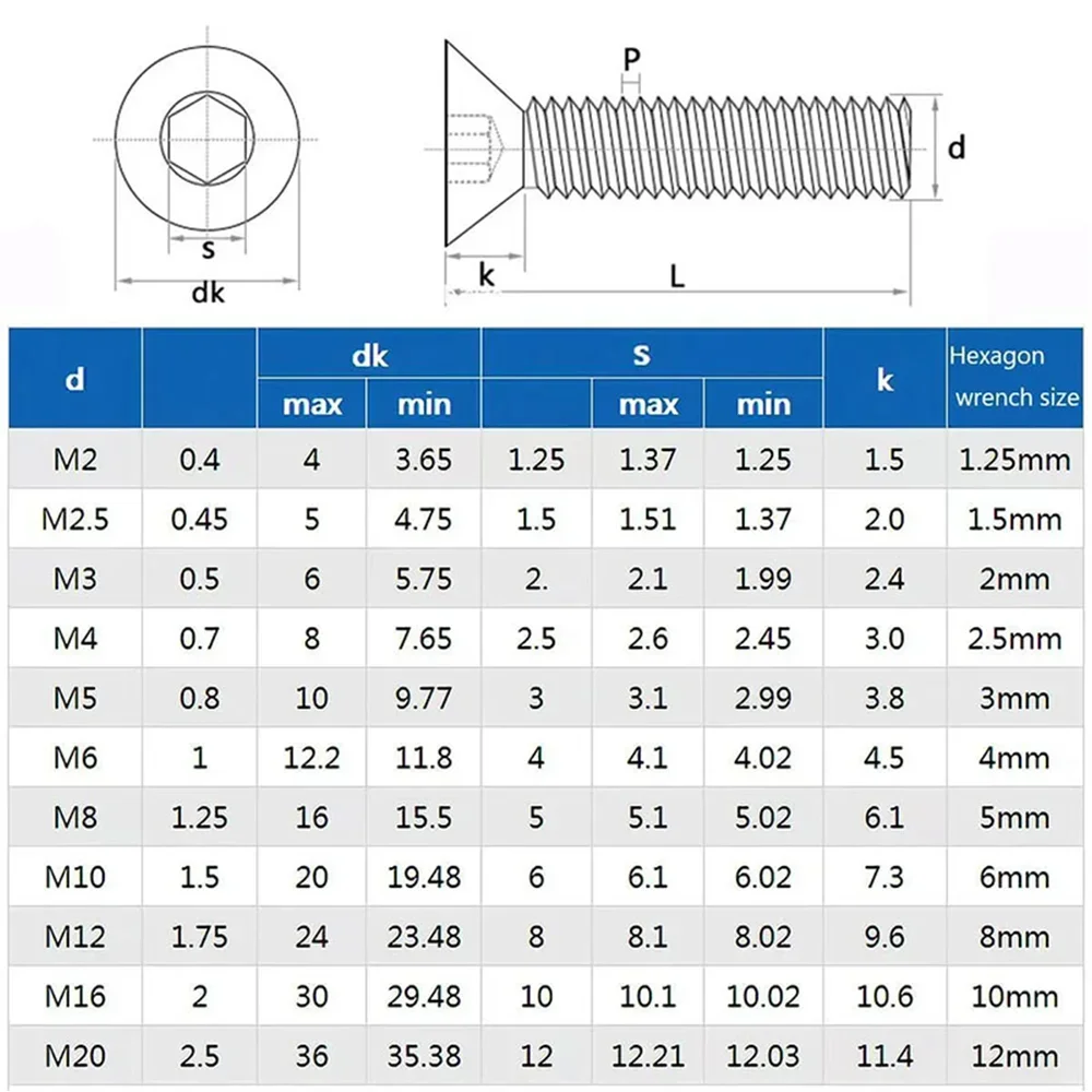 DIN7991 Allen Flat Head Hex Bolt Nut Set Kit M2 M3 M4 M5 M6 Black Grade 10.9 Steel Hex Hexagon Socket Countersunk Head Screw