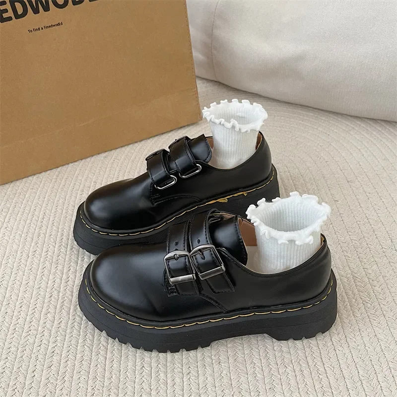 Summer Women's British Style Leather Shoes Thick Bottom Lace-up Black Single Shoes Female Fashion Student Platform