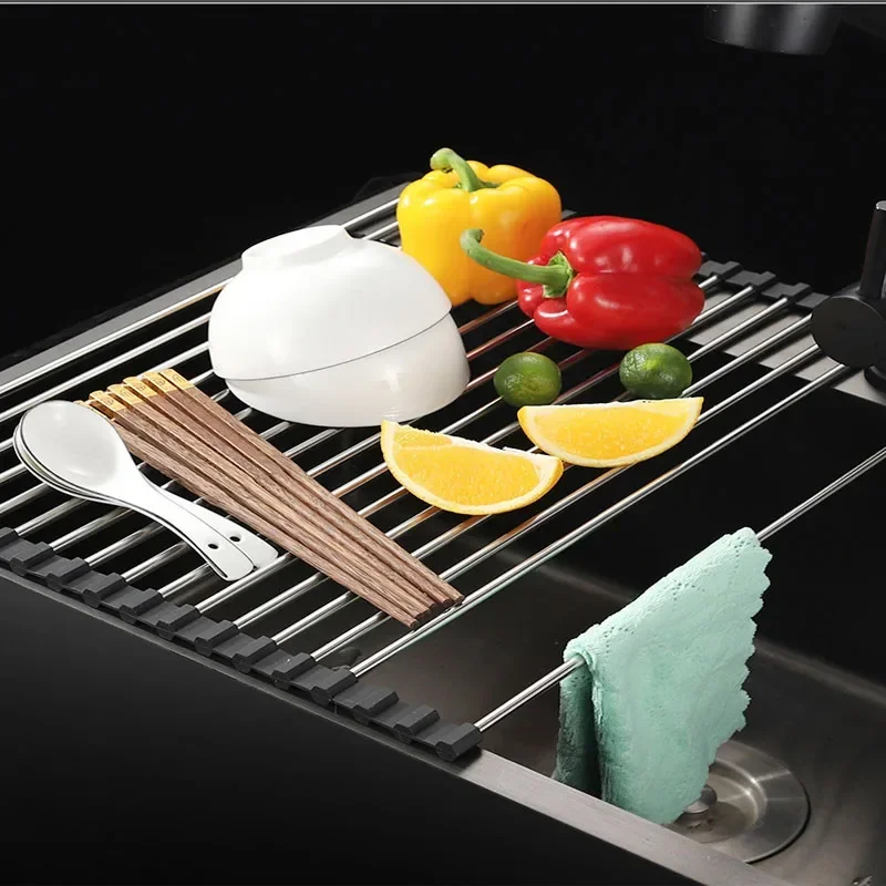 Kitchen Roller Shutter Drain Rack 304 Stainless Steel Bowl Fruit Vegetable Dish Holder Sink Storage Folding Roller Shutter Racks 4