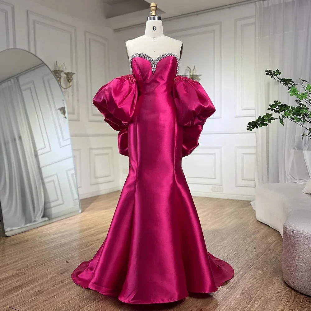 

GiayMus Fuchsia Mermaid Satin Strapless Balloon Sleeves Luxury Evening Dresses 2024 Gowns For Women Wedding Party EV71923
