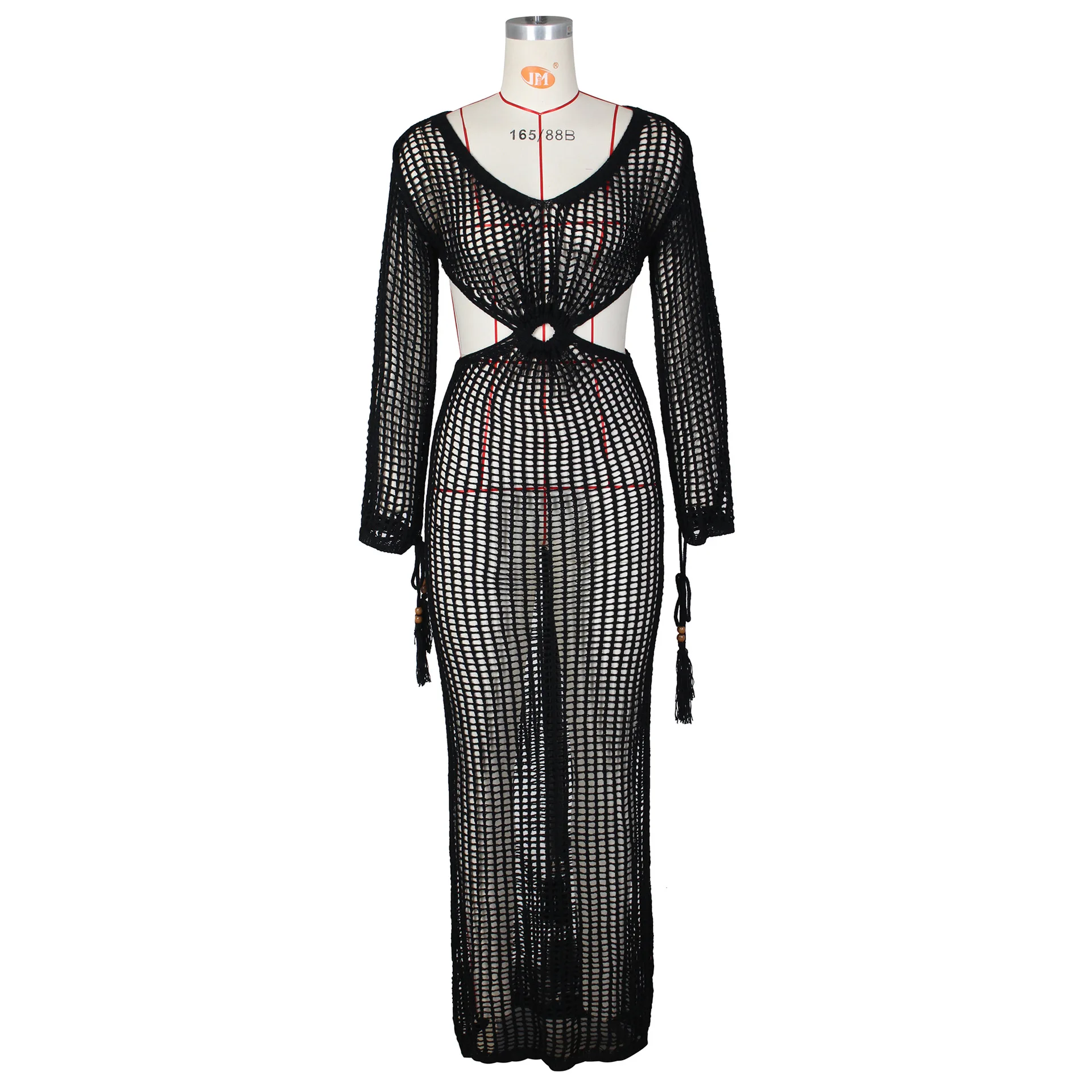 DEKA Women Knitted Backless Cover Up Swimsuit Long-sleeved Crochet Hollow Out Dress Summer Beach Vacation Outfit Beach Dress