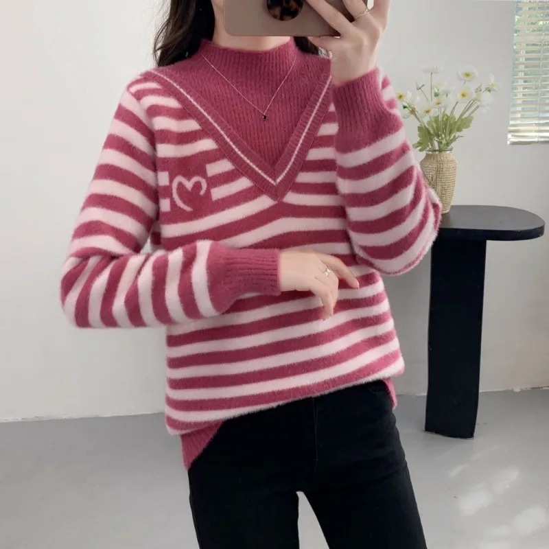 

Autumn and Winter Women's Pullover High Neck Stripe Contrast Geometric Flocking Long Sleeve Sweater Knitted Underlay Casual Tops