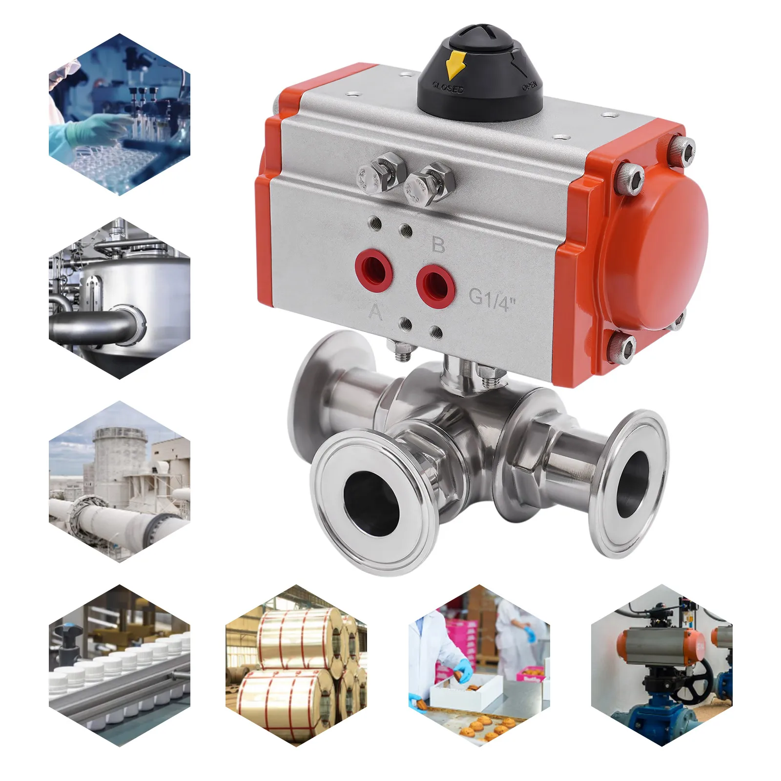 3-Way Pneumatic Ball Valve Sanitary Tri-Clamp Stainless Ball Valve 1"/1.5"/2"