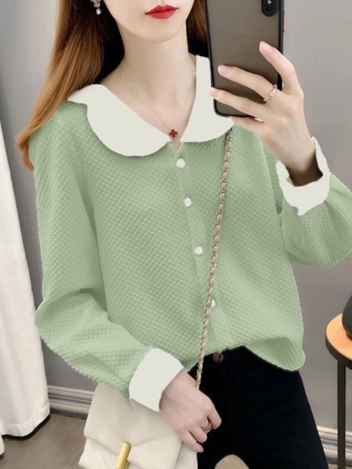 

Classic Shirts for Women Spring Autumn Single-breasted Long Sleeve Cardigan Blouse Fashion Office Shirt Top Peter Pen Collar S39