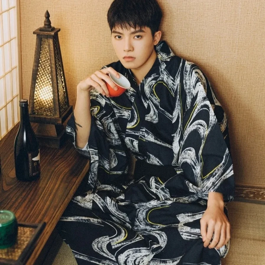 NEW Japanese Traditional Samurai Kimono For Man Retro Yukata Bathing Robe Hekoobi Loose Sauna Wear Homewear Belt Long Gown