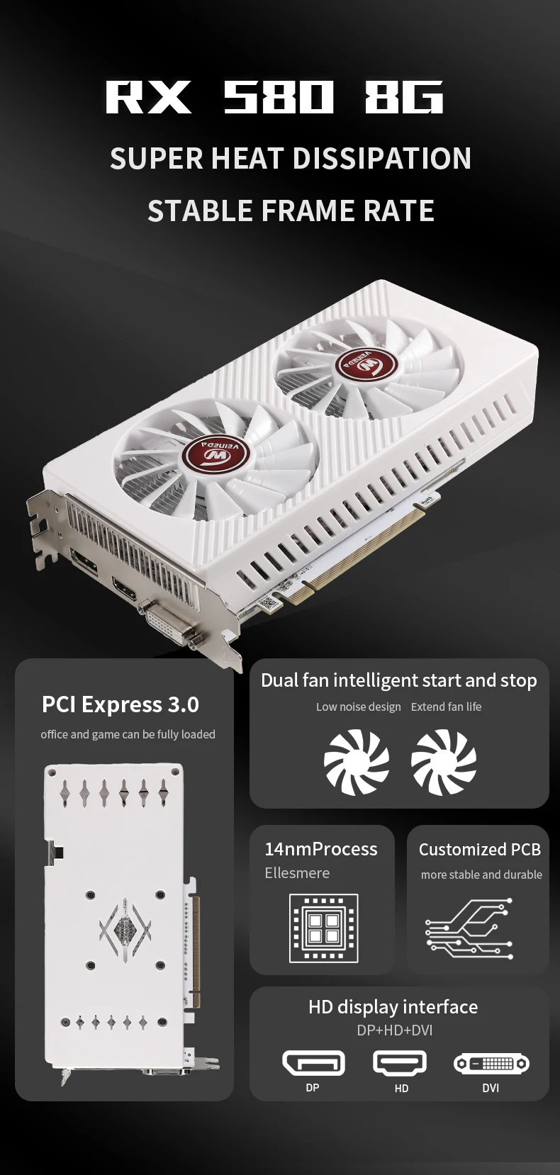 VEINEDA Graphics Card RX580 8GB PC Gaming GDDR5 256Bit PCI Express 3.0 ×16 GPU Computer Video Card placa de video 5 S7325f36494b3428480e1754cd8410ffda