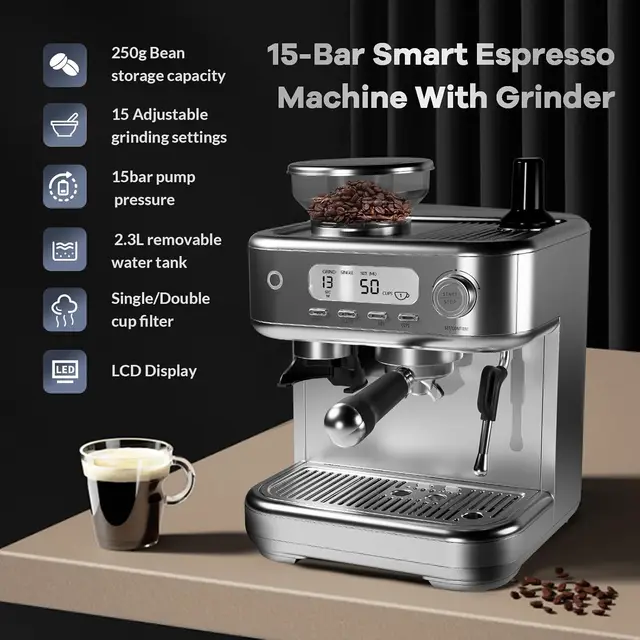 Espresso Machine With Grinder, LCD Display, Professional Coffee Maker With Powerful Milk Frother, Single & Double Coffee Maker 1