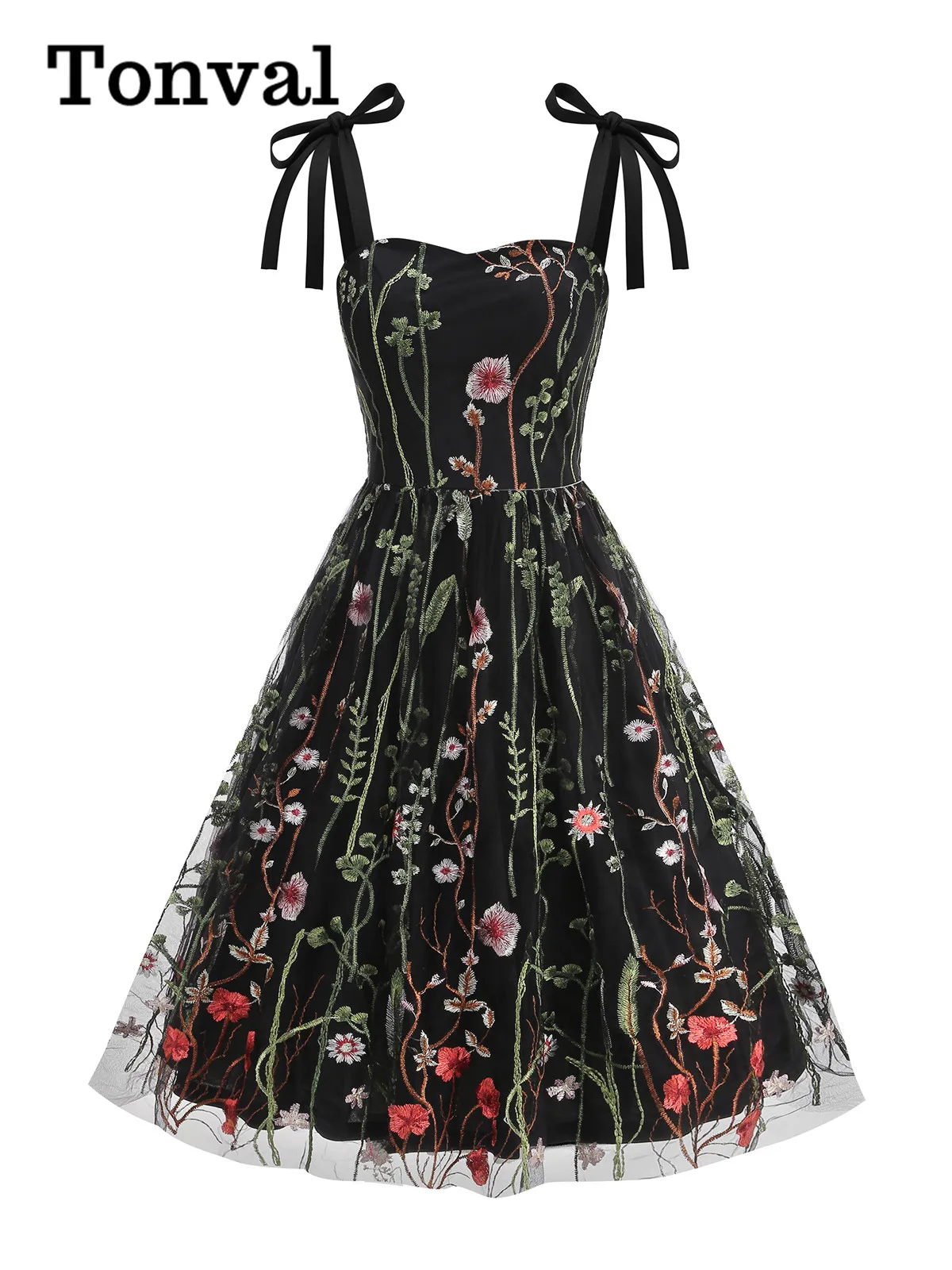 Tonval Knot Straps Floral Embroidered Mesh Gorgeous Luxury Dress Vintage  Women Backless Evening Party Fit and Flare Dresses - AliExpress 200000345