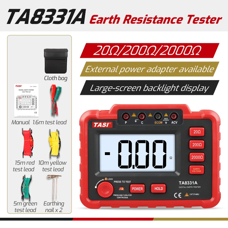 

Earth Resistance Tester Ohm Anti-drop AC Voltage 2 or 3 Pole 20 200 2000 ohm 200V Ground Voltage with Test Lead Ω Meter