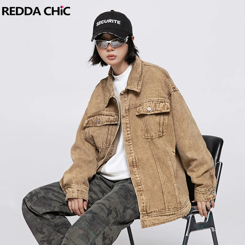 

ReddaChic Cowgirl Brown Stitch Women's Denim Jacket Korean Style Demi-season Trench Coat Y2k Vintage Autumn Winter Statue Outer